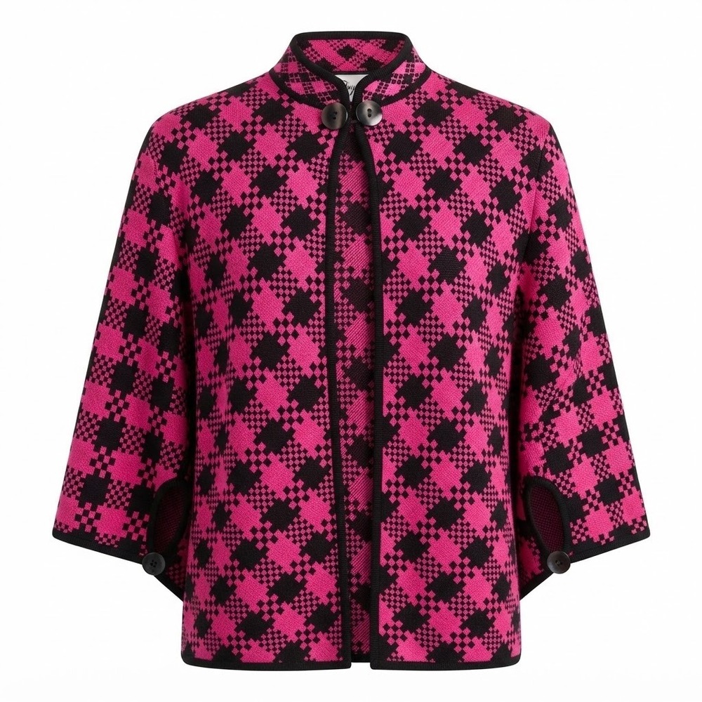 Ming Wang Medium Pink Black Argyle Knit Poncho Cape Jacket Mock Neck